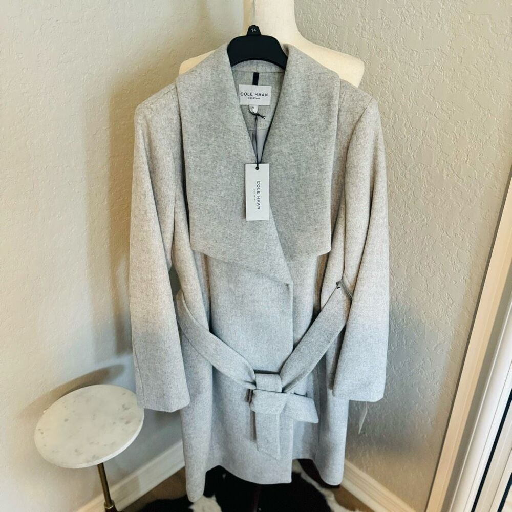 Cole Haan Signature Slick Wool Blend Wrap Shawl Collar‎ Coat, Gray, Size 12, NWT
